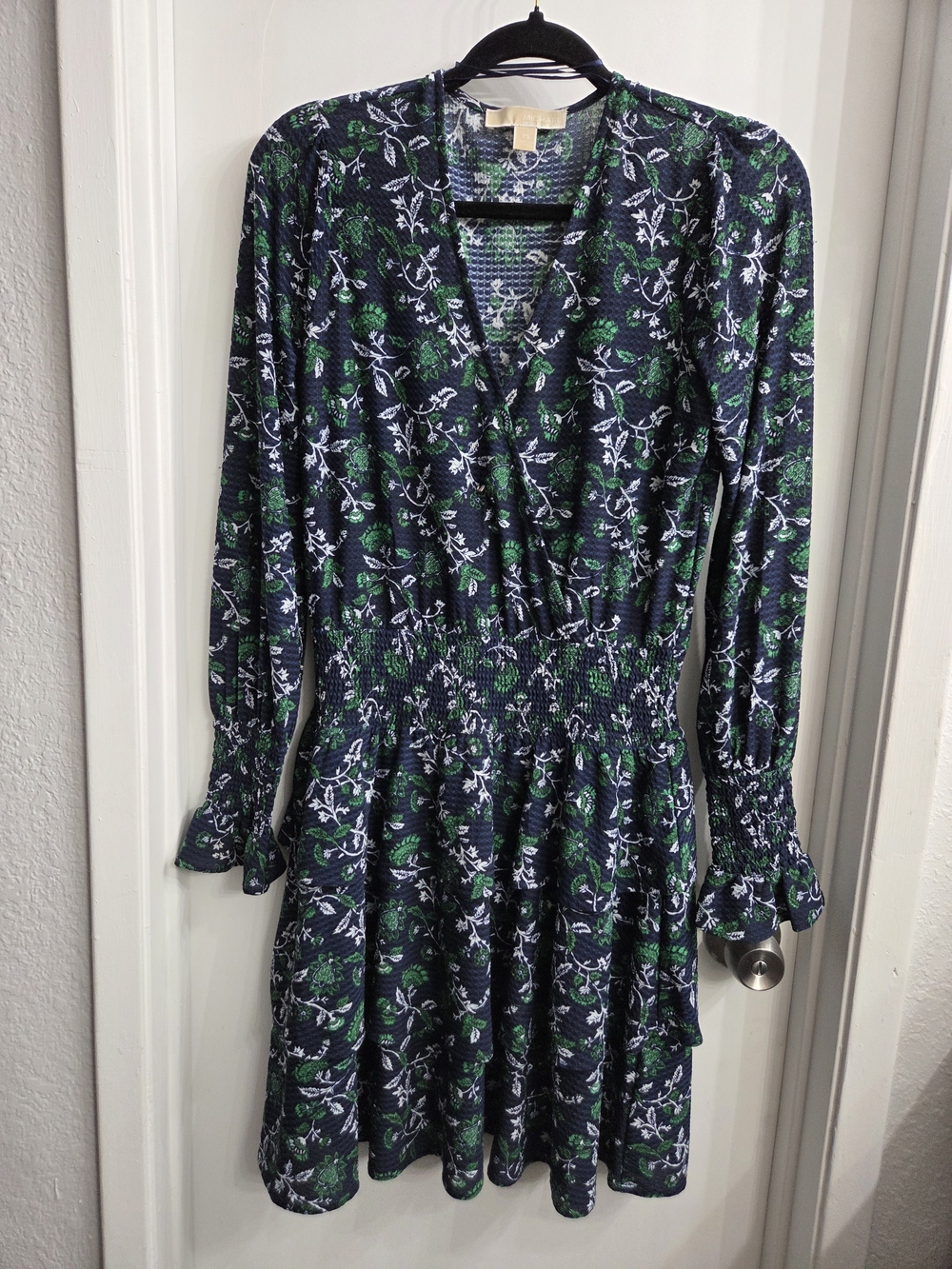 Michael Kors Navy Blue Floral V-Neck Long Sleeve Smocked Waist Dress
